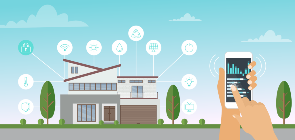 A basic graphic depicting a smart building with icons representing some of the different features present